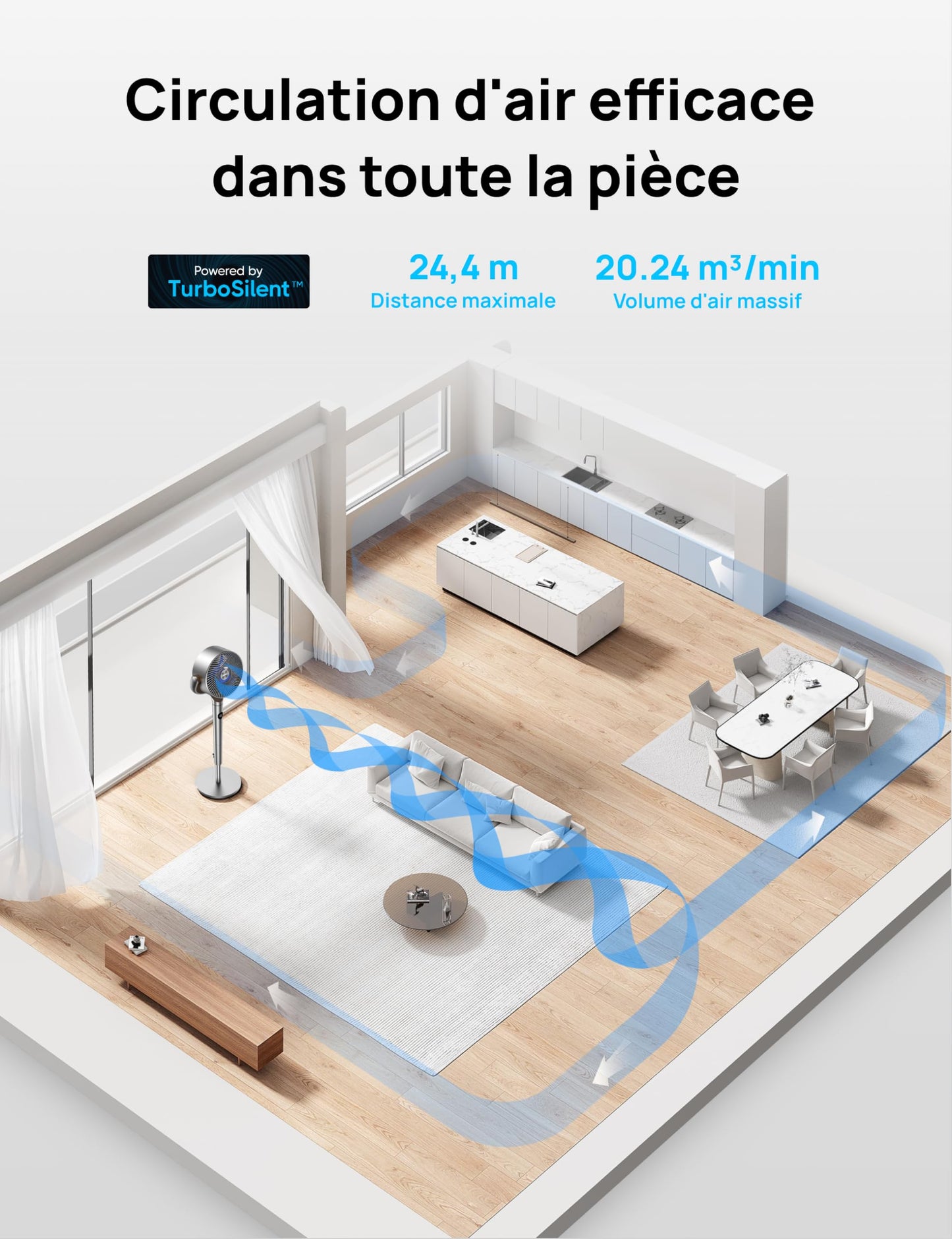 Ventilateur DREB sur pied silencieux 23dB 120°